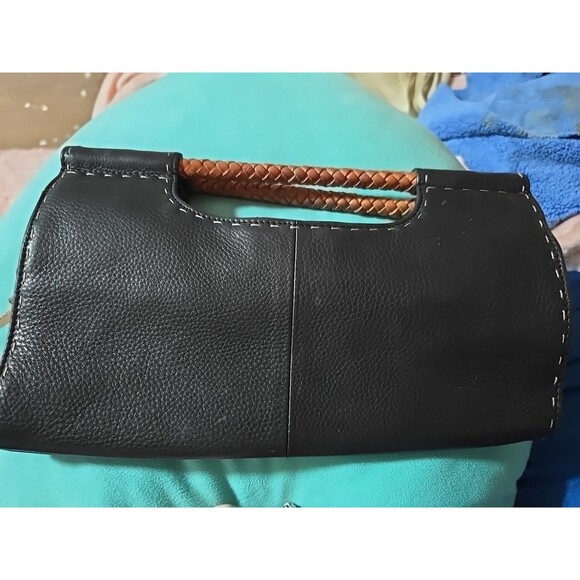 FOSSIL Black Leather Pebbled Satchel Clutch Handbag Purse Braided Handle - Picture 1 of 6